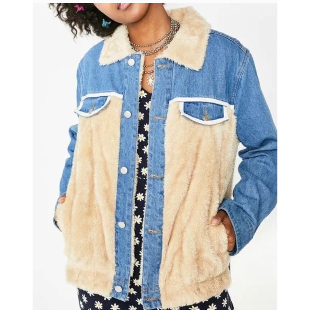 Etophe Studios Denim Faux Fur Mixed Media Jacket Blue Tan Large Sherpa Trim